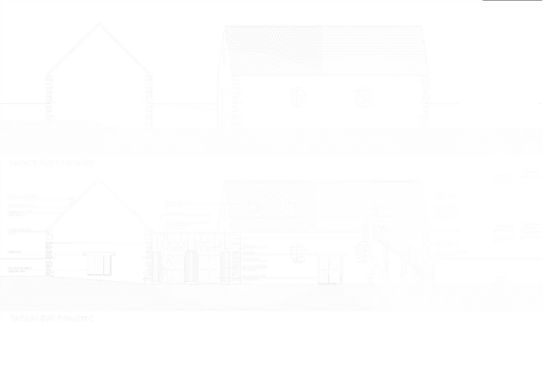 Plan de façade pour la réhabilitation de deux corps de ferme en Ille et Vilaine.